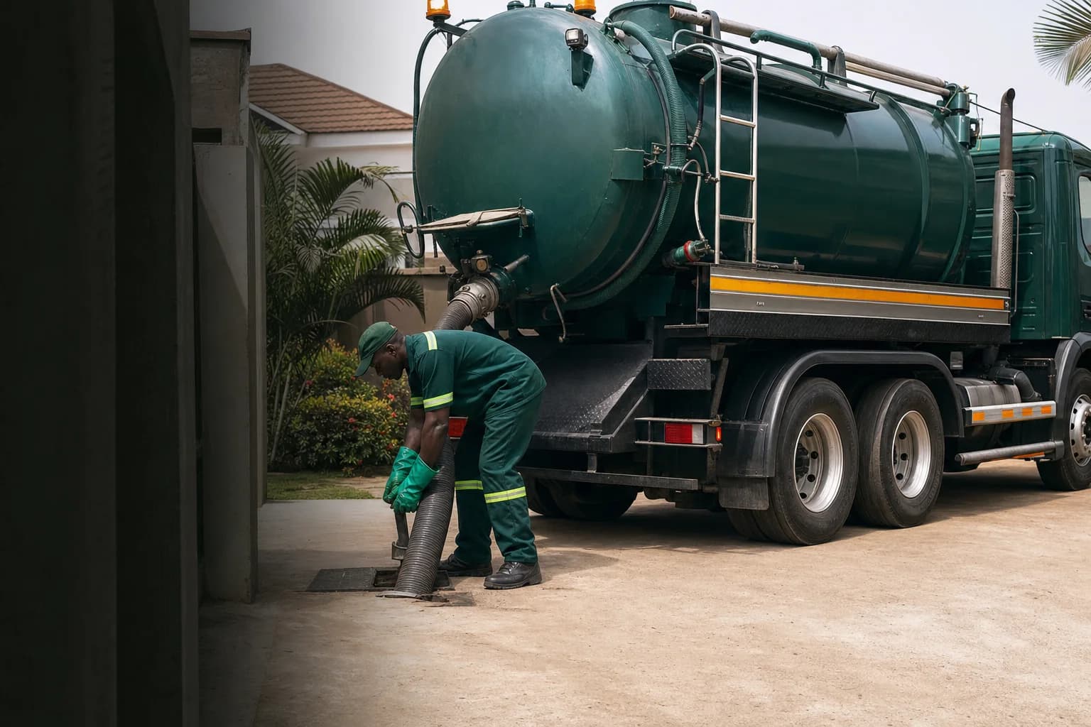 Professional septic tank service at a Ghanaian home